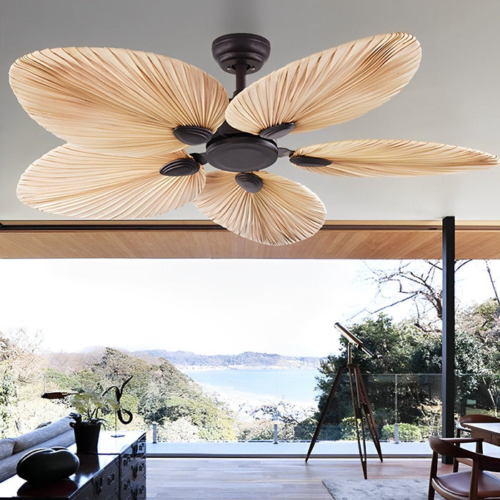Palm Leaf Ceiling Fan - Silent DC Motor, Remote Control - Tropical Wrought Iron Design