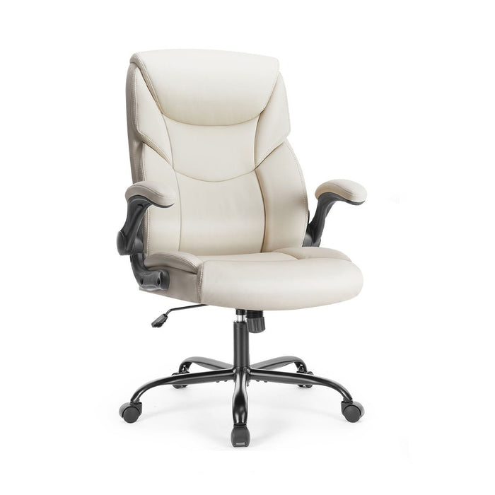 PU Leather Office Chair - Adjustable Flip-up Armrest, Lumbar Support, Strong Metal Base - Cream/Brown/Black