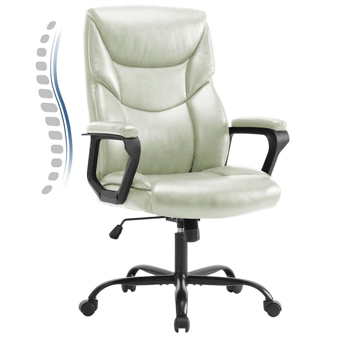 PU Leather Office Chair - Adjustable Flip-up Armrest, Lumbar Support, Strong Metal Base - Cream/Brown/Black