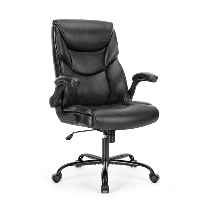 PU Leather Office Chair - Adjustable Flip-up Armrest, Lumbar Support, Strong Metal Base - Cream/Brown/Black