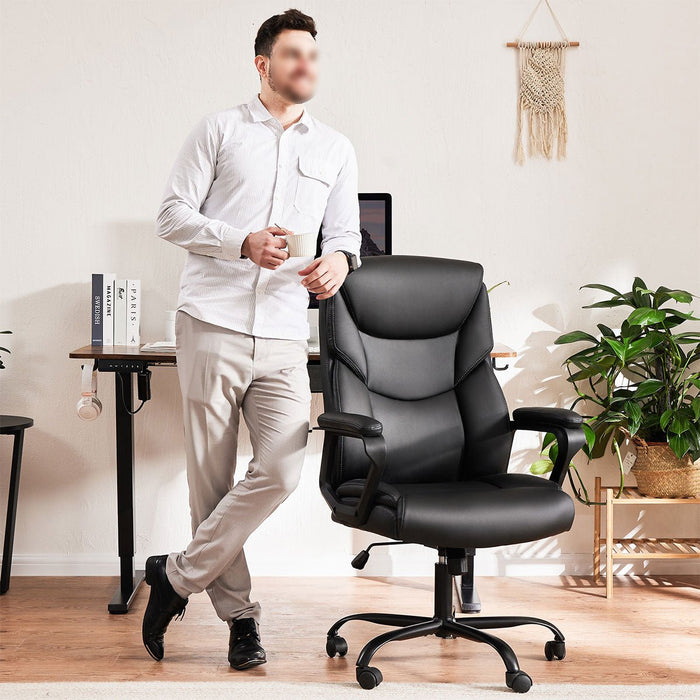 PU Leather Office Chair - Adjustable Flip-up Armrest, Lumbar Support, Strong Metal Base - Cream/Brown/Black