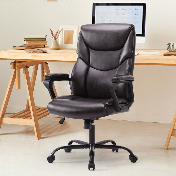 PU Leather Office Chair - Adjustable Flip-up Armrest, Lumbar Support, Strong Metal Base - Cream/Brown/Black