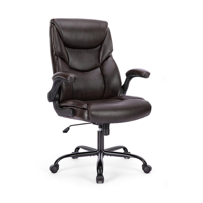 PU Leather Office Chair - Adjustable Flip-up Armrest, Lumbar Support, Strong Metal Base - Cream/Brown/Black
