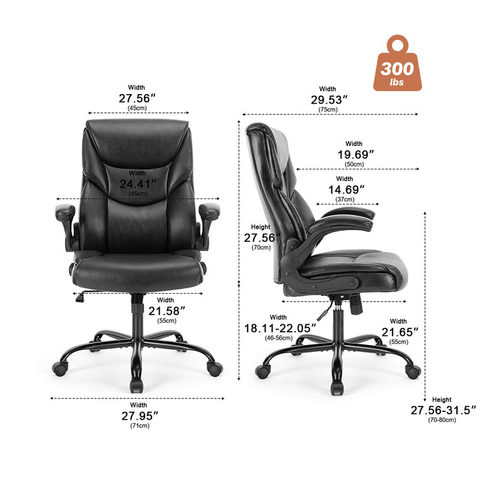 PU Leather Office Chair - Adjustable Flip-up Armrest, Lumbar Support, Strong Metal Base - Cream/Brown/Black