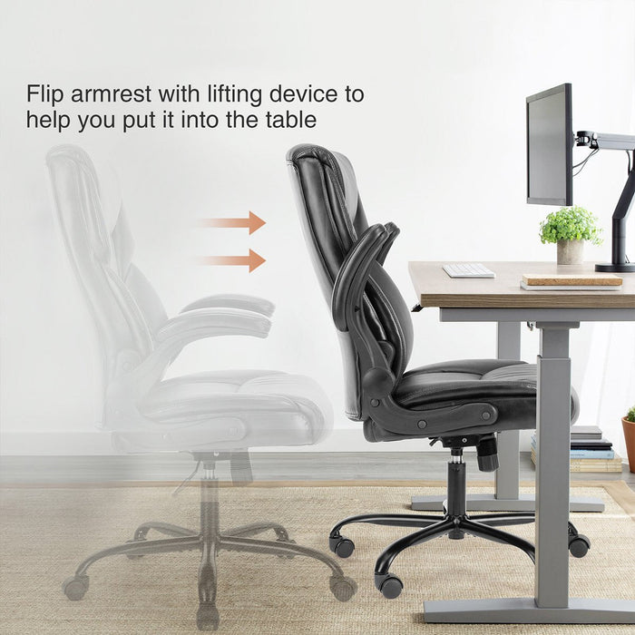 PU Leather Office Chair - Adjustable Flip-up Armrest, Lumbar Support, Strong Metal Base - Cream/Brown/Black