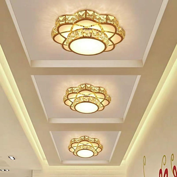 Flower Effect Metal Crystal LED Flush Mount Ceiling Light for Hallway Entryway Lighting
