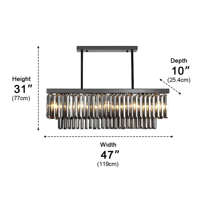 Rectangular Crystal LED Chandelier - Dimmable Smoke Gray Modern Light Fixture for Dining Room, Kitchen Island