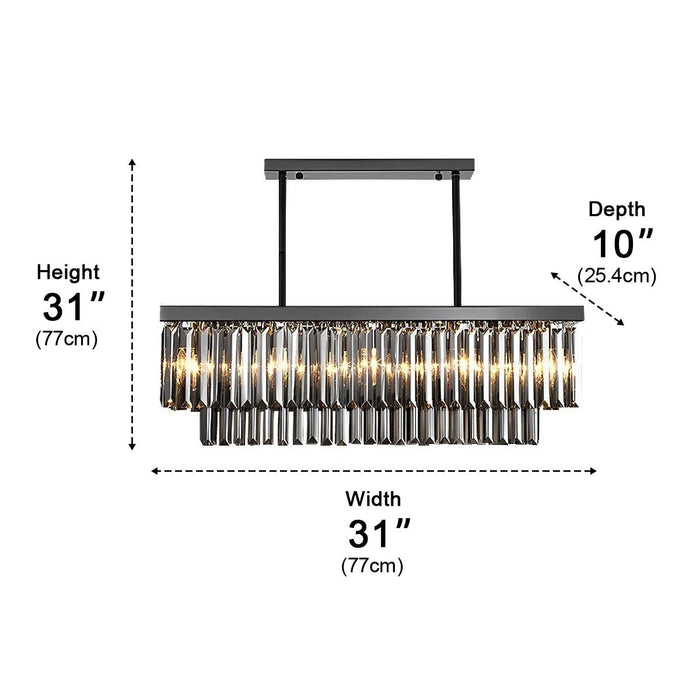 Rectangular Crystal LED Chandelier - Dimmable Smoke Gray Modern Light Fixture for Dining Room, Kitchen Island