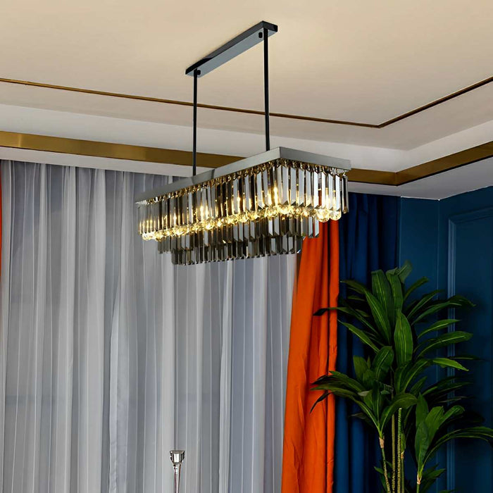 Rectangular Crystal LED Chandelier - Dimmable Smoke Gray Modern Light Fixture for Dining Room, Kitchen Island