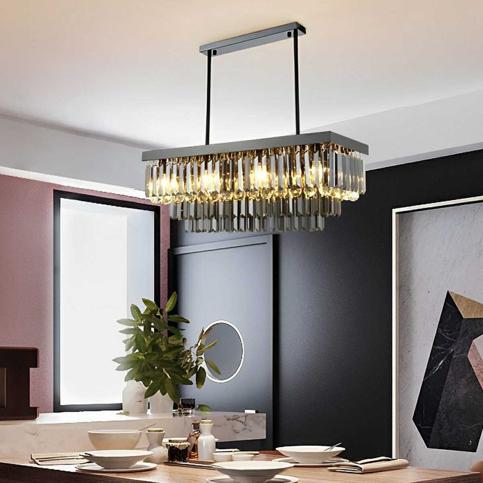 Rectangular Crystal LED Chandelier - Dimmable Smoke Gray Modern Light Fixture for Dining Room, Kitchen Island