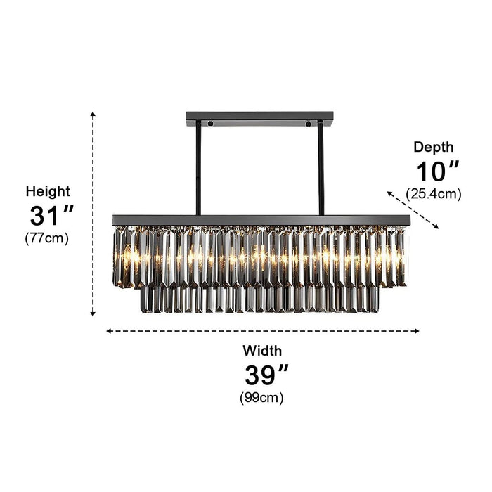Rectangular Crystal LED Chandelier - Dimmable Smoke Gray Modern Light Fixture for Dining Room, Kitchen Island