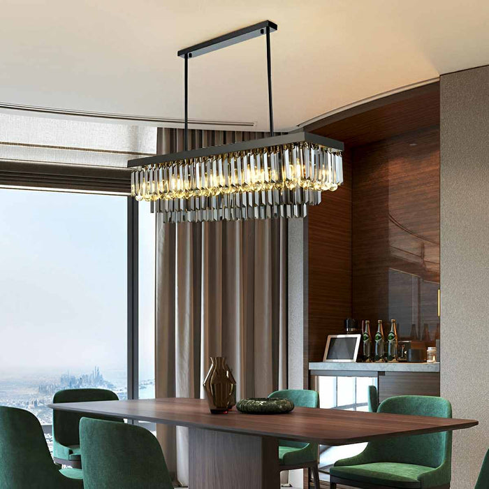Rectangular Crystal LED Chandelier - Dimmable Smoke Gray Modern Light Fixture for Dining Room, Kitchen Island