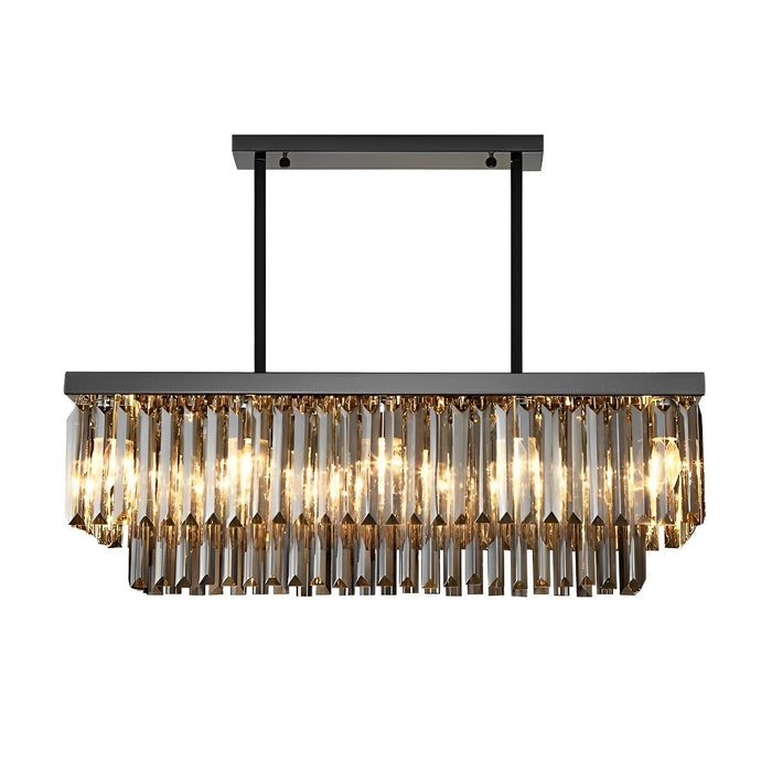 Rectangular Crystal LED Chandelier - Dimmable Smoke Gray Modern Light Fixture for Dining Room, Kitchen Island