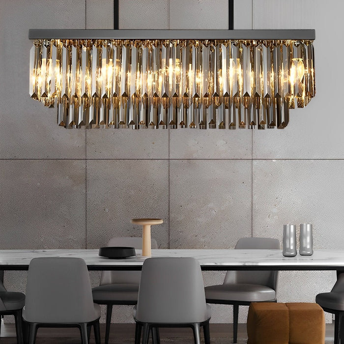 Rectangular Crystal LED Chandelier - Dimmable Smoke Gray Modern Light Fixture for Dining Room, Kitchen Island