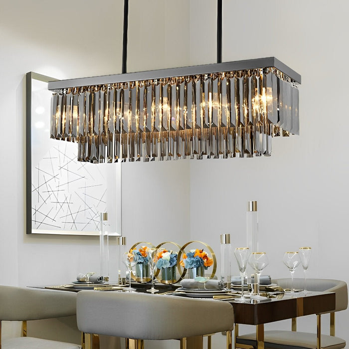 Rectangular Crystal LED Chandelier - Dimmable Smoke Gray Modern Light Fixture for Dining Room, Kitchen Island