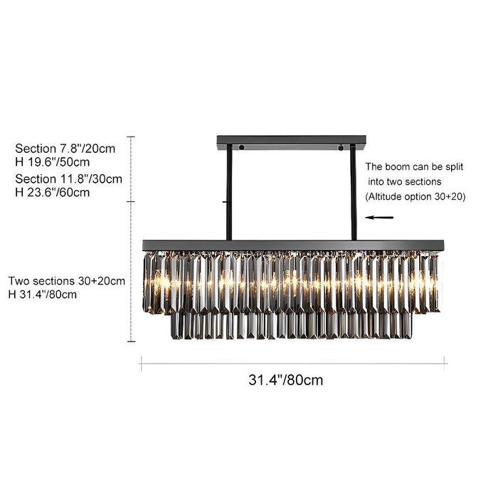 Rectangular Crystal LED Chandelier - Dimmable Smoke Gray Modern Light Fixture for Dining Room, Kitchen Island
