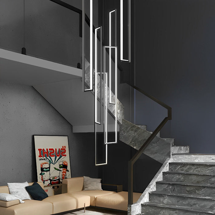 Rectangular Nordic Duplex Stair Chandelier - Modern Multi-Level Lighting, High Ceiling Foyer Fixture
