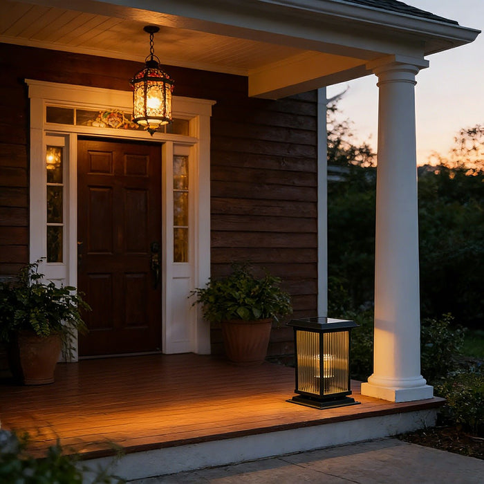 Retro Glass Solar Fence Post Light - Modern Matte Black Design, Outdoor LED Pillar Lamp, Waterproof Aluminum Construction