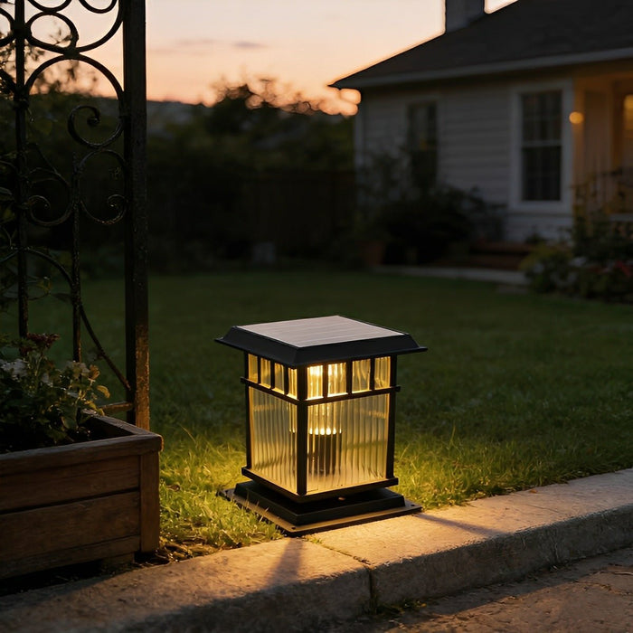 Retro Glass Solar Fence Post Light - Modern Matte Black Design, Outdoor LED Pillar Lamp, Waterproof Aluminum Construction