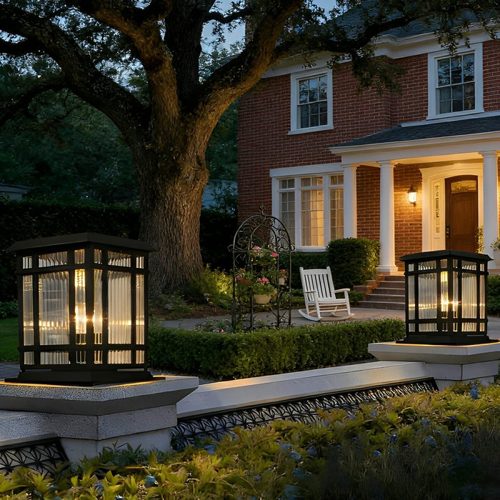 Retro Glass Solar Fence Post Light - Modern Matte Black Design, Outdoor LED Pillar Lamp, Waterproof Aluminum Construction