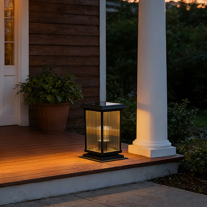 Retro Glass Solar Fence Post Light - Modern Matte Black Design, Outdoor LED Pillar Lamp, Waterproof Aluminum Construction