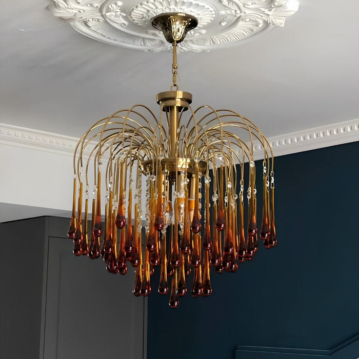 Retro Gold Linear Chandelier, Teardrop Crystal, Dining Room/Living Room, Adjustable Height, Dimmable