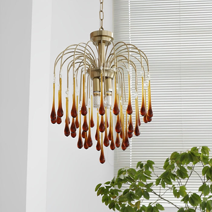 Retro Gold Linear Chandelier, Teardrop Crystal, Dining Room/Living Room, Adjustable Height, Dimmable