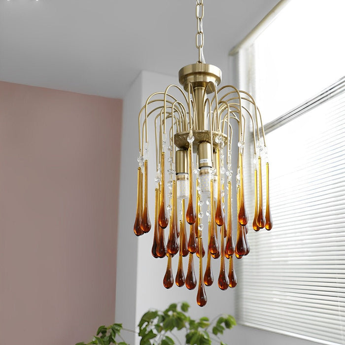 Retro Gold Linear Chandelier, Teardrop Crystal, Dining Room/Living Room, Adjustable Height, Dimmable