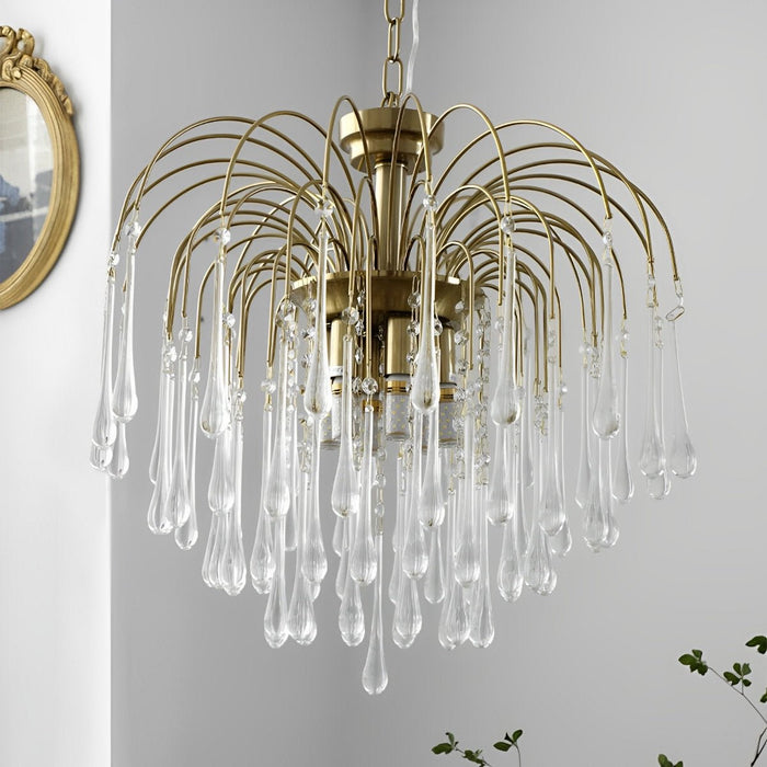 Retro Gold Linear Chandelier, Teardrop Crystal, Dining Room/Living Room, Adjustable Height, Dimmable