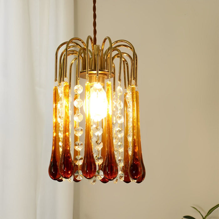 Retro Gold Linear Chandelier, Teardrop Crystal, Dining Room/Living Room, Adjustable Height, Dimmable