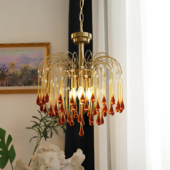 Retro Gold Linear Chandelier, Teardrop Crystal, Dining Room/Living Room, Adjustable Height, Dimmable