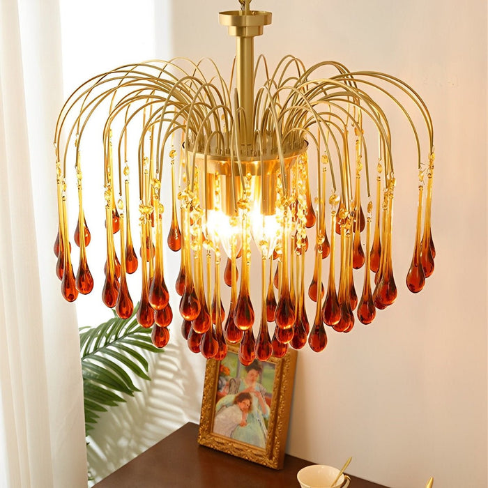 Retro Gold Linear Chandelier, Teardrop Crystal, Dining Room/Living Room, Adjustable Height, Dimmable