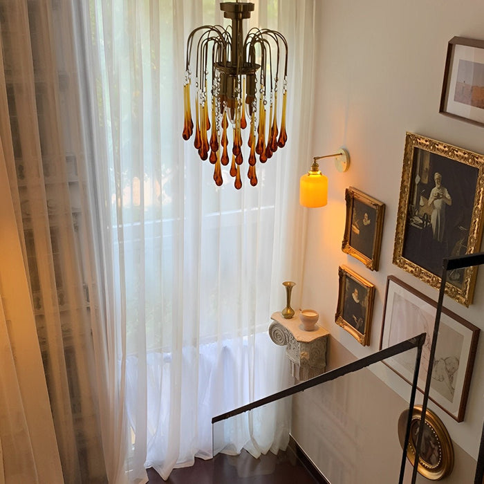 Retro Gold Linear Chandelier, Teardrop Crystal, Dining Room/Living Room, Adjustable Height, Dimmable