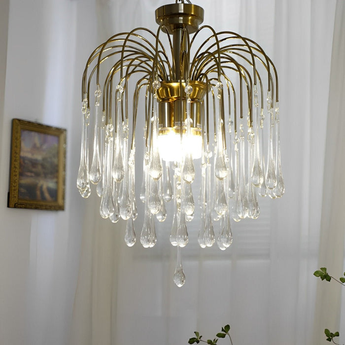 Retro Gold Linear Chandelier, Teardrop Crystal, Dining Room/Living Room, Adjustable Height, Dimmable