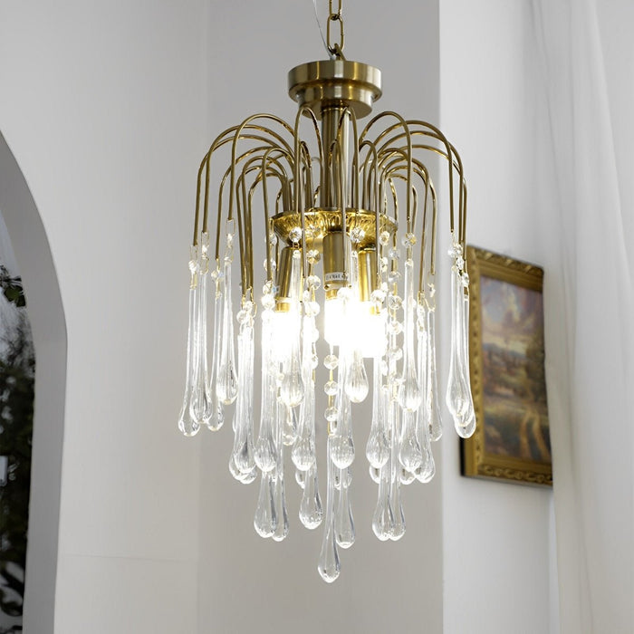 Retro Gold Linear Chandelier, Teardrop Crystal, Dining Room/Living Room, Adjustable Height, Dimmable