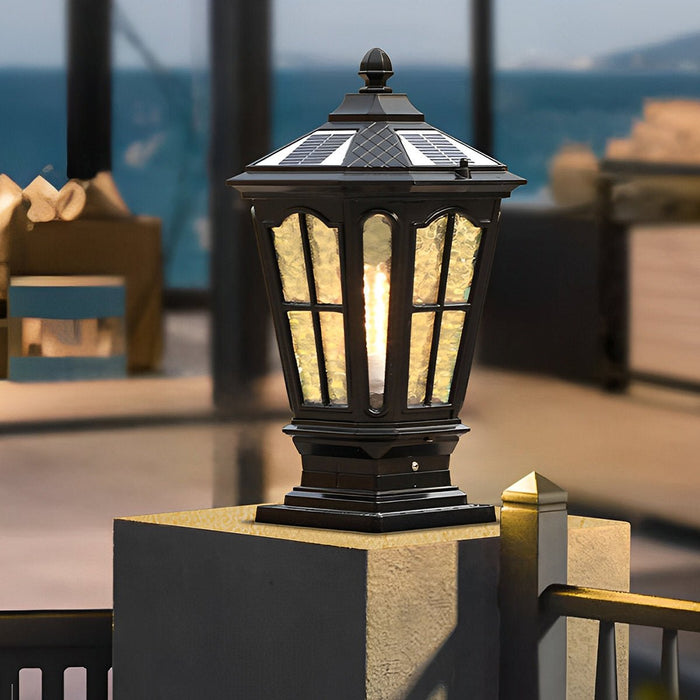 Solar Dusk to Dawn Fence Post Light, Retro Pavilion Shape, Perimeter Security, Entryway Ambiance for Patio/Deck/Yard