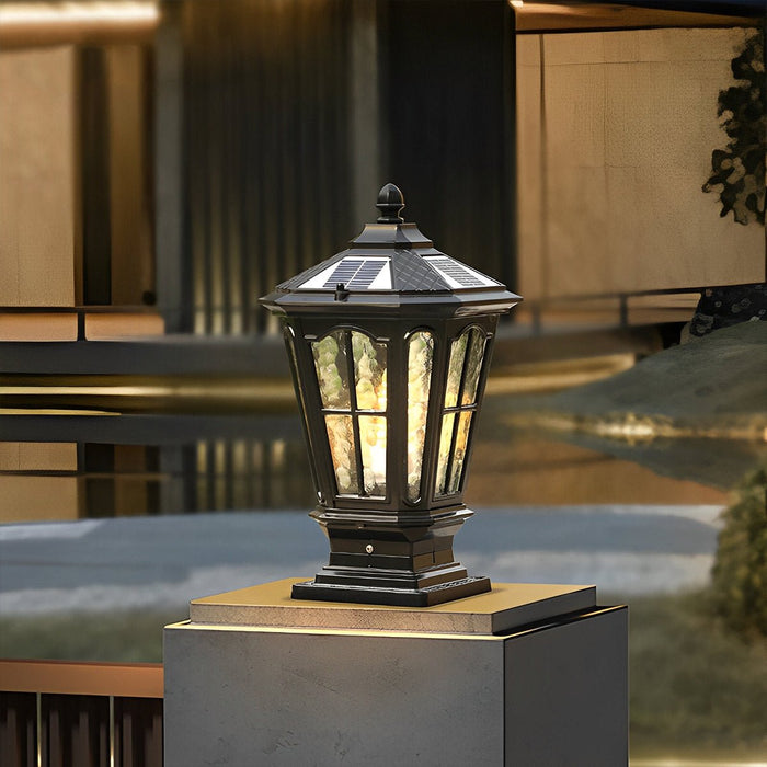 Solar Dusk to Dawn Fence Post Light, Retro Pavilion Shape, Perimeter Security, Entryway Ambiance for Patio/Deck/Yard