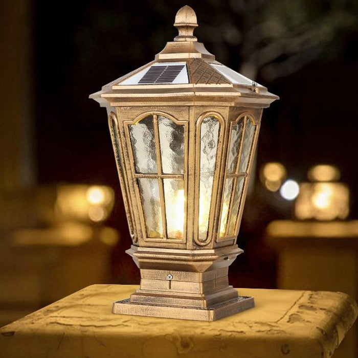 Solar Dusk to Dawn Fence Post Light, Retro Pavilion Shape, Perimeter Security, Entryway Ambiance for Patio/Deck/Yard