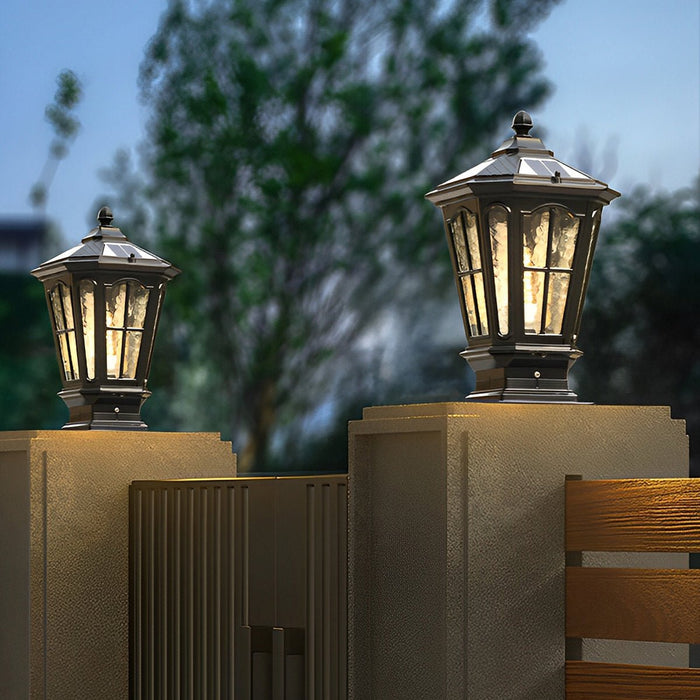 Solar Dusk to Dawn Fence Post Light, Retro Pavilion Shape, Perimeter Security, Entryway Ambiance for Patio/Deck/Yard