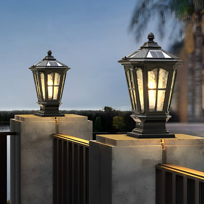 Solar Dusk to Dawn Fence Post Light, Retro Pavilion Shape, Perimeter Security, Entryway Ambiance for Patio/Deck/Yard