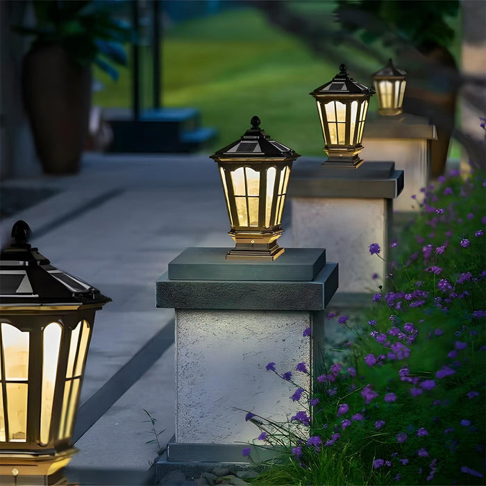 Solar Dusk to Dawn Fence Post Light, Retro Pavilion Shape, Perimeter Security, Entryway Ambiance for Patio/Deck/Yard