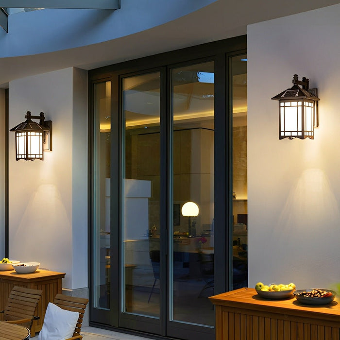 Solar Powered Dusk to Dawn Wall Sconce, Retro Striped Glass LED for Porch/Patio/Yard, Waterproof Outdoor Security Light