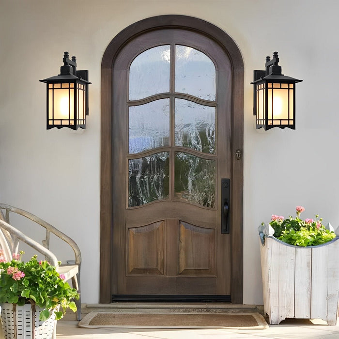 Solar Powered Dusk to Dawn Wall Sconce, Retro Striped Glass LED for Porch/Patio/Yard, Waterproof Outdoor Security Light