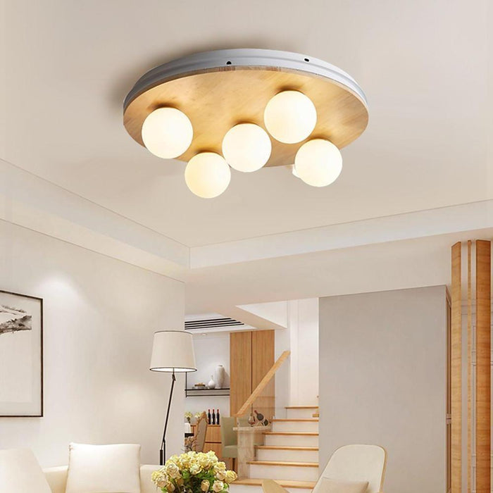 5 Globe Glass Bamboo Rustic Flush Mount Ceiling Light for Living Room Entryway