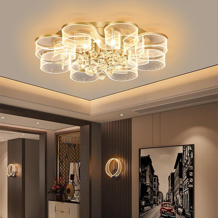 Waved Pattern Flush Mount Ceiling Light Ornate Metal Crystal LED Light