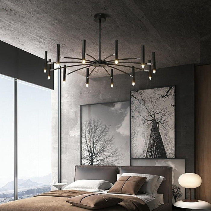 Linear Sputnik Chandelier - Black Metal.  12 Light. Modern Hanging Lights