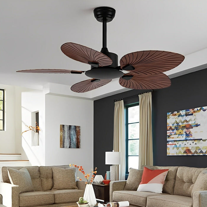 DC Motor, 6-Speed Reversible Leaf-Shaped Ceiling Fan, Tropical Coastal Design for Living Room/Bedroom