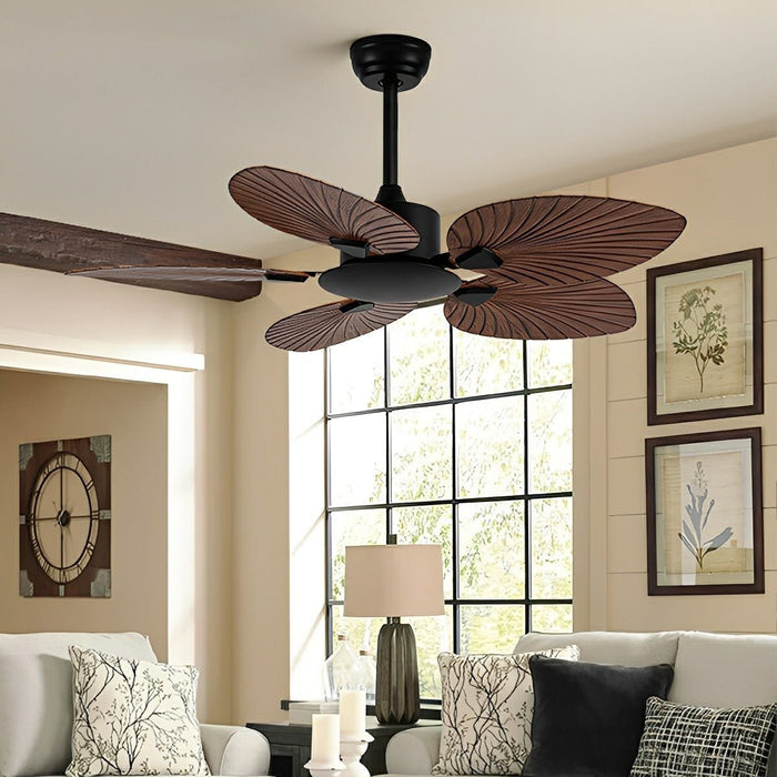 DC Motor, 6-Speed Reversible Leaf-Shaped Ceiling Fan, Tropical Coastal Design for Living Room/Bedroom