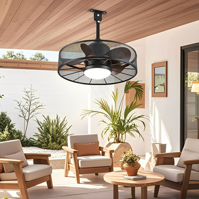 Outdoor DC Motor Ceiling Fan Light, Rustic Mesh Ring, Reversible Airflow, IP65 Waterproof for Patio/Porch/Gazebo