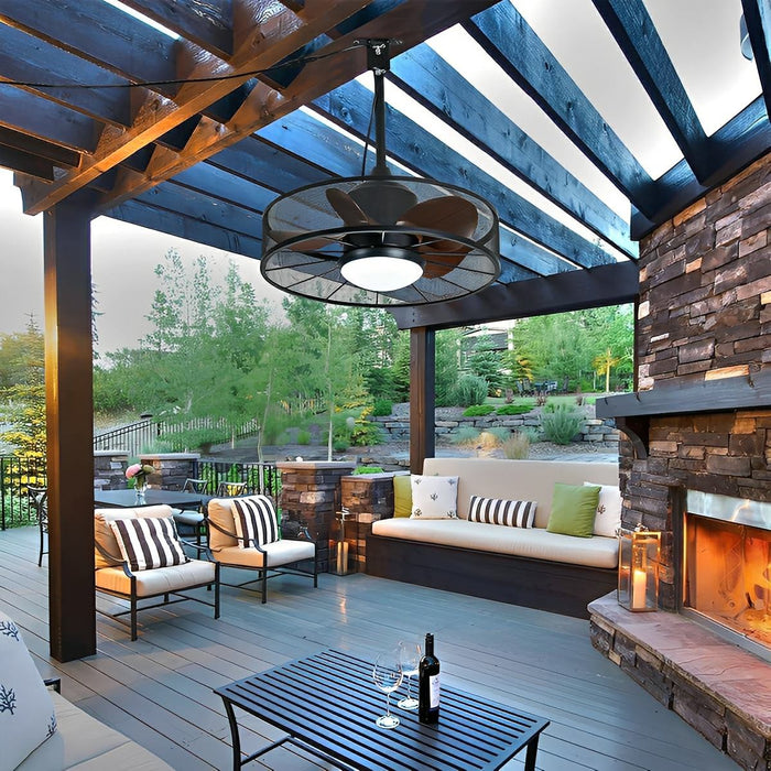 Outdoor DC Motor Ceiling Fan Light, Rustic Mesh Ring, Reversible Airflow, IP65 Waterproof for Patio/Porch/Gazebo